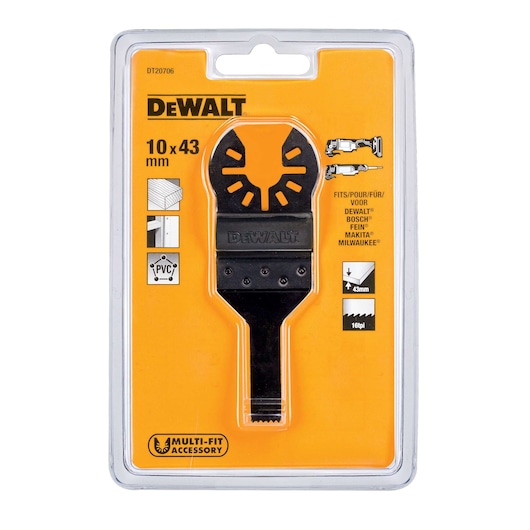 DEWALT DT20706 multi-fit accessory in packaging, 10x43mm blade for wood, PVC, fits multiple tool brands.