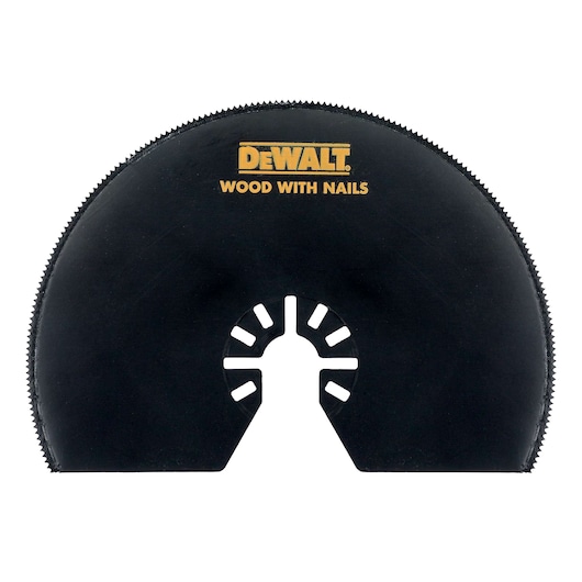DEWALT DT20708 black circular saw blade for cutting wood with nails, semicircular shape with teeth.