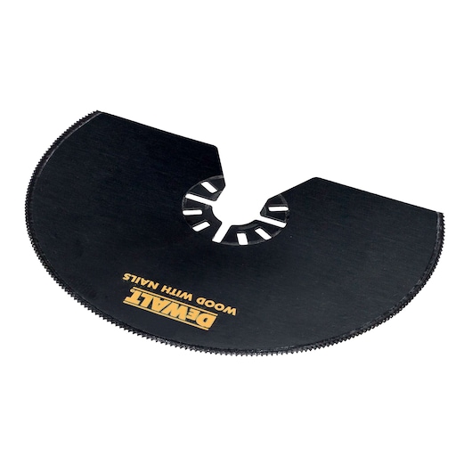 A black DEWALT circular saw blade accessory with fine teeth, labeled 'WOOD WITH NAILS', designed for cutting wood and wood with nails.