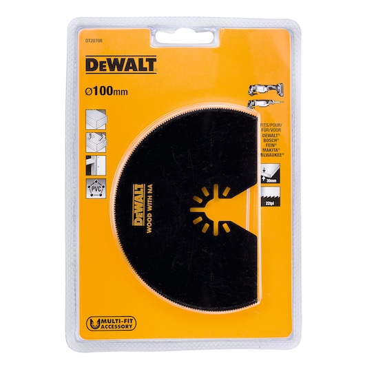 DEWALT DT20708 100mm wood and PVC cutting blade in yellow retail packaging.