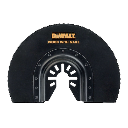 DEWALT DT20710 segmented saw blade for cutting wood with nails, black with mounting hole.