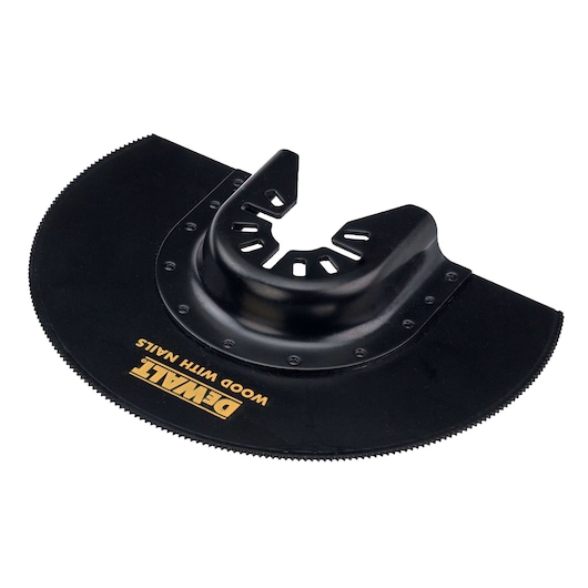 DEWALT DT20710 black circular saw blade for cutting wood with nails, semicircular and toothed edge.