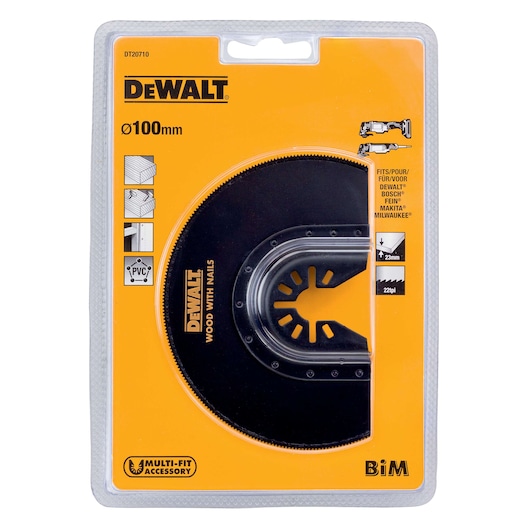 DEWALT DT20710 100mm multi-fit saw blade for wood with nails, in orange retail packaging.