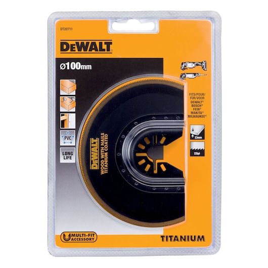 DEWALT titanium blade, wood/nail, DT20711, DT20711-QZ, multi-fit, photography product, 100mm packaging.
