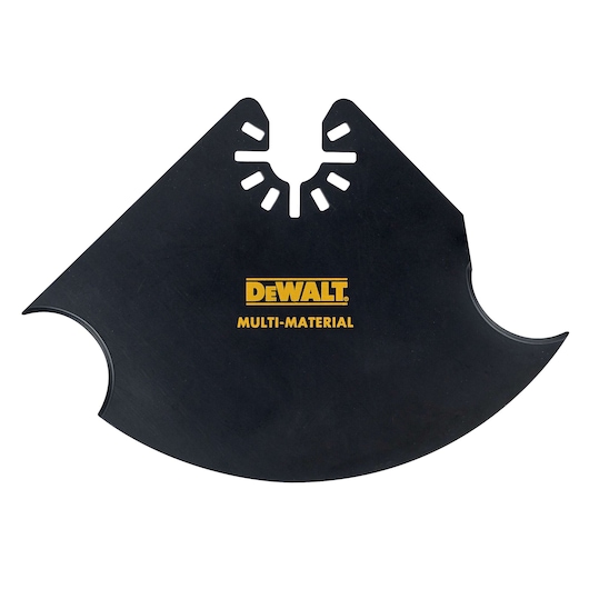 A black DEWALT multi-material cutting blade with distinctive curved edges and mounting slots, photographed on a white background.