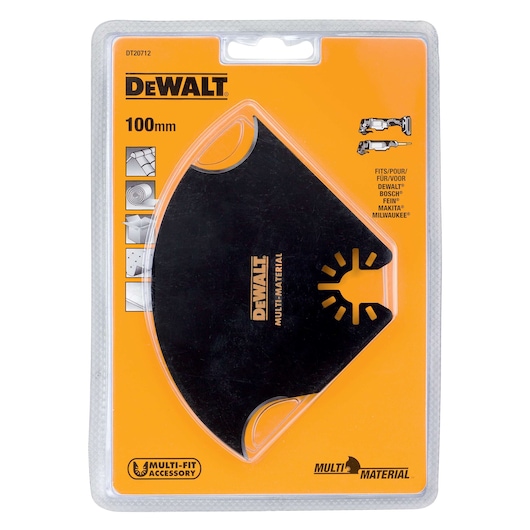 DEWALT DT20712 100mm multi-material blade for oscillating tools in sealed yellow packaging.