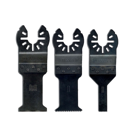 Set of three DEWALT multi-tool blades for wood and metal, shown upright with DEWALT branding visible.