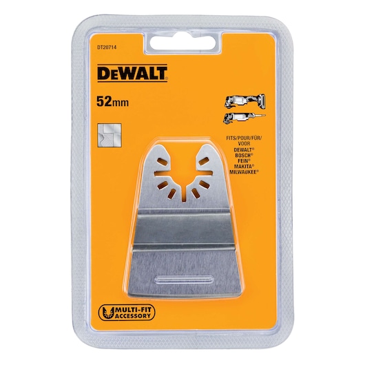 DEWALT DT20714 52mm multi-fit scraper blade in orange packaging for oscillating tools.