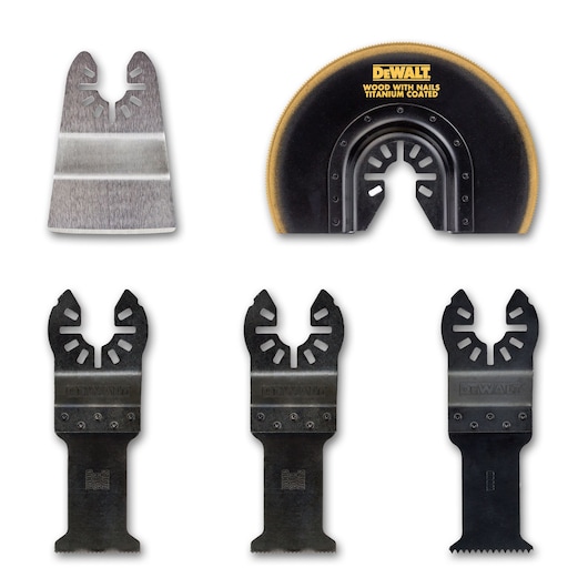 A set of six DEWALT multi-tool blades, including various straight and segmented blades for cutting wood, metal, and other materials. The blades are arranged in two rows, with different shapes and tooth designs, suitable for a variety of oscillating tool applications.