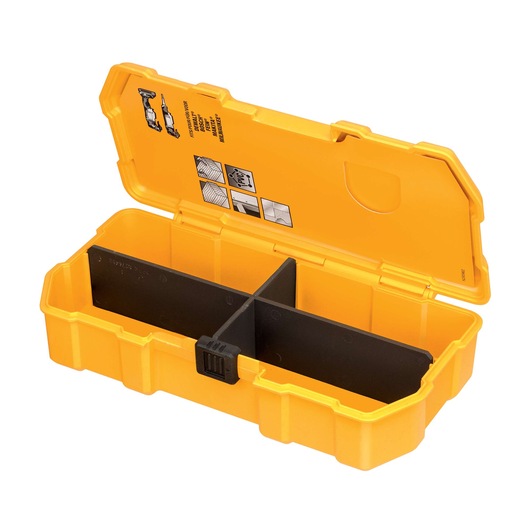A yellow DEWALT plastic tool storage box with an open lid, showing internal compartments separated by black dividers. The inside of the lid features some printed instructions and illustrations.
