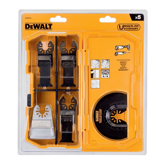 DEWALT DT20715 multi-fit accessory set for oscillating tools, includes five blades in plastic packaging.