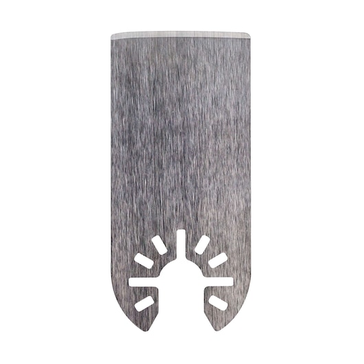 A rectangular, metallic oscillating tool blade with a flat top and rounded bottom, featuring several cut-out slots near the base for attachment.