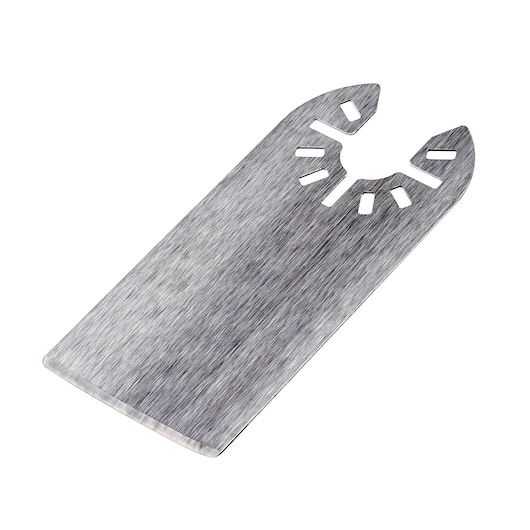 A close-up image of a DEWALT DT20716 metal scraper blade accessory for multi-tools, featuring a flat rectangular shape and slotted mounting end.