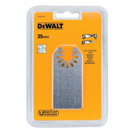 DEWALT DT20716 35mm multi-fit accessory blade in yellow retail packaging, compatible with various brands.