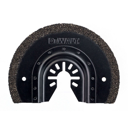 DEWALT semicircular carbide blade for oscillating tools, black, with grit edge and center cutouts.