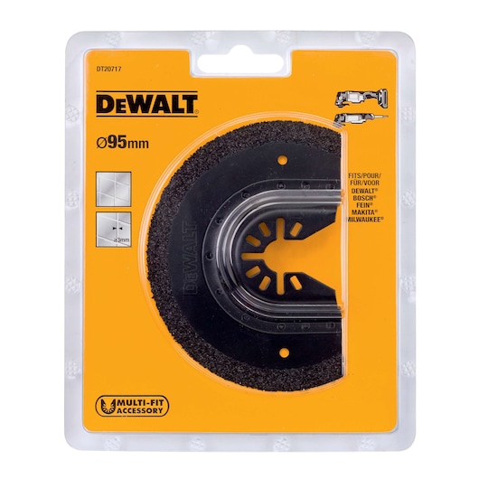 DEWALT DT20717 95mm multi-fit accessory in retail packaging, suitable for oscillating tools.