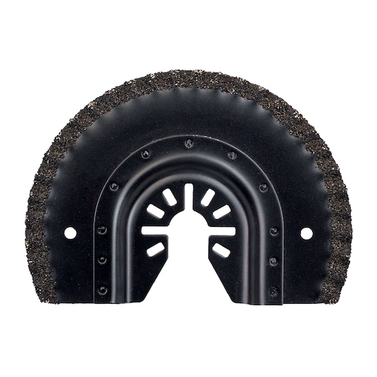 Semi-circular DEWALT oscillating saw blade with grit edge for cutting or scraping tasks.