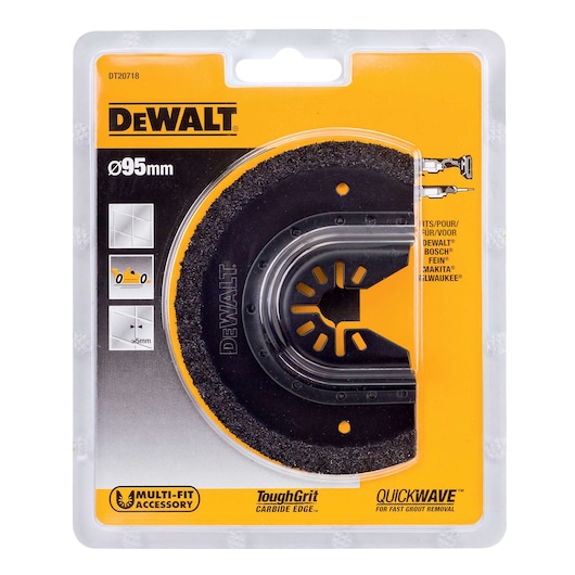 DEWALT DT20718 toughgrit carbide edge blade, 95mm, multi-fit accessory for fast grout removal in tile work.