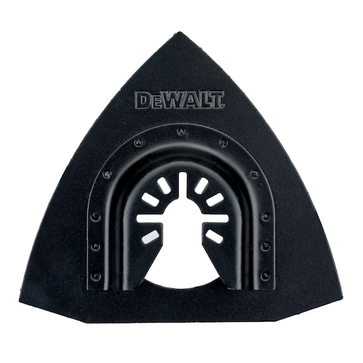 A DEWALT branded black triangular accessory for power tools, likely a sanding pad or attachment, with a central mounting hole and vent-like cutouts.