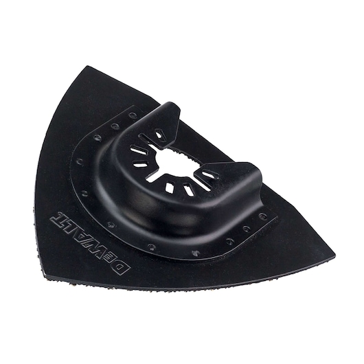 A black DEWALT triangular sanding pad attachment for an oscillating multi-tool, designed for use in sanding and finishing tasks.