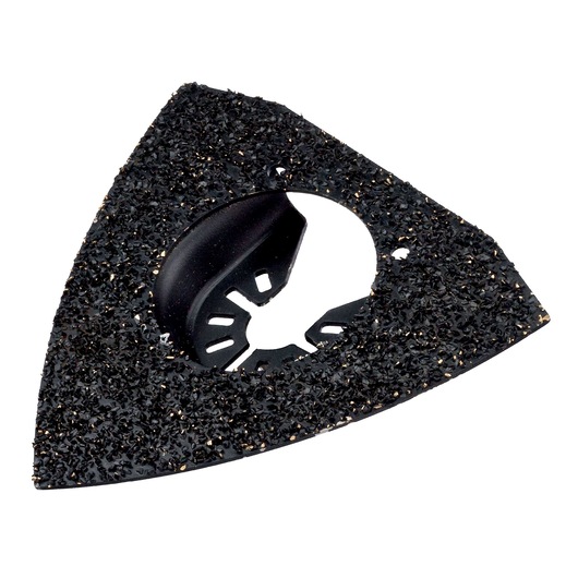 Triangular DEWALT abrasive accessory for oscillating tools, used for sanding or scraping surfaces.