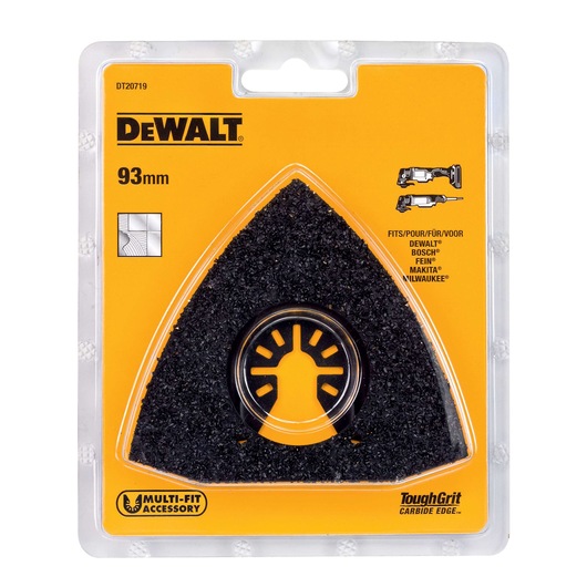 DEWALT DT20719 93mm carbide triangular sanding accessory in plastic packaging, suitable for multi-fit tools.