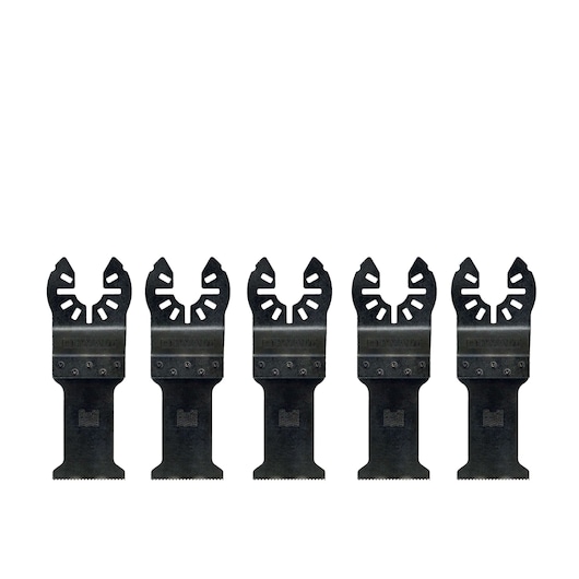 Five DEWALT oscillating multi-tool blades for cutting, arranged in a row against a white background.