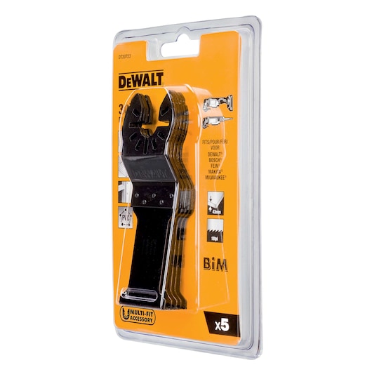 DEWALT DT20723 multi-fit saw blade pack, 5 pieces, in yellow blister packaging.