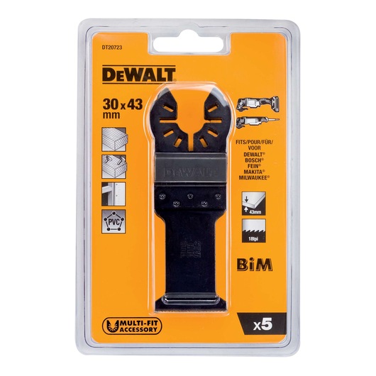 DEWALT DT20723 multi-fit accessory blade in packaging, size 30x43 mm, compatible with various tool brands.