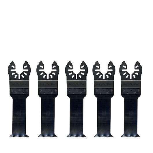 Five DEWALT DT20724 black oscillating tool blades are lined up side by side, each with a toothed cutting edge.