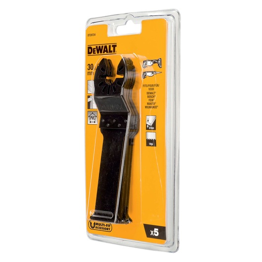 DEWALT DT20724 30mm multi-fit accessory blades, pack of 5, in sealed orange retail packaging.