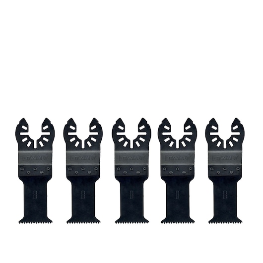 Five DEWALT DT20725 multi-tool saw blades are shown in a row, suitable for cutting wood and plastic.