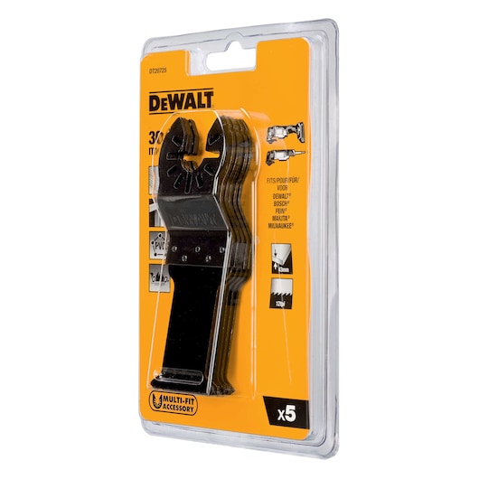 DEWALT DT20725 multi-fit accessory pack with five black blades in yellow packaging.
