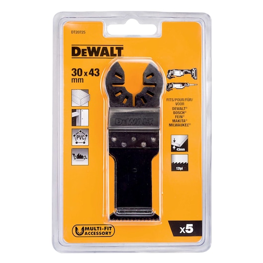 DEWALT DT20725 multi-fit accessory blade 30x43mm in plastic packaging for cutting wood, PVC, and metal.
