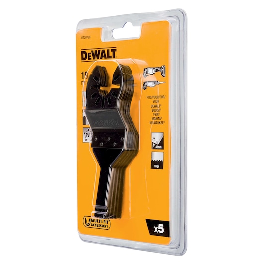 DEWALT accessory pack, photography, DT20726-QZ, DT20726 SKUs, multi-fit blades, x5 in blister packaging.