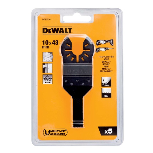 DEWALT blade pack for multi-tools, 10x43mm, 5pcs. SKU DT20726-QZ, DT20726. Photography category.