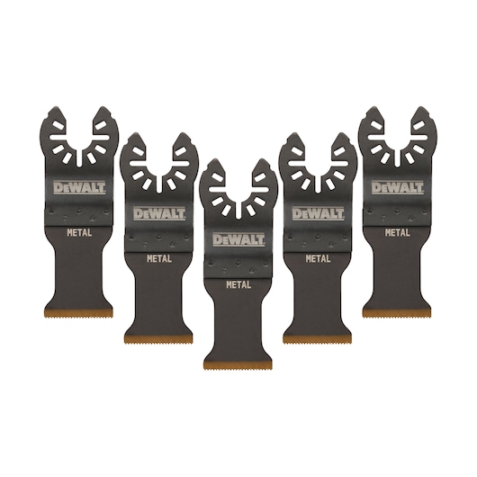 Five DEWALT DT20727 oscillating metal cutting blades are arranged in a row on a white background.