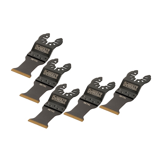 Four DEWALT DT20727 metal cutting blades for oscillating multi-tools, arranged diagonally on a white background.