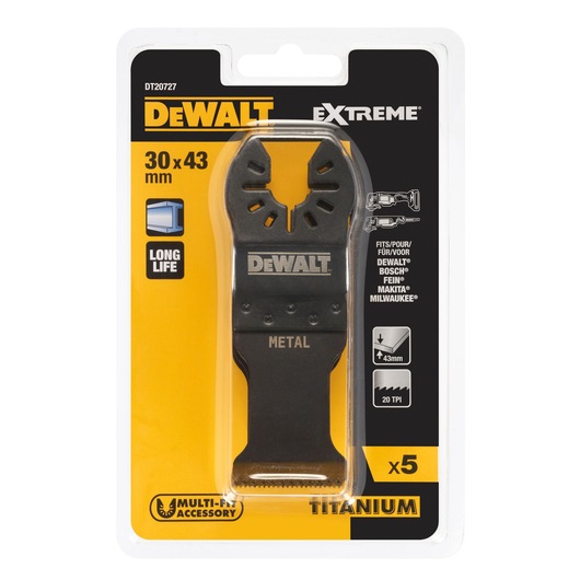 DEWALT DT20727 titanium metal saw blade, 30x43mm, 5-pack, multi-fit accessory for power tools, in packaging.