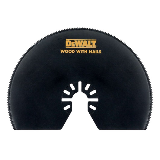 DEWALT DT20728 semicircular saw blade for cutting wood with nails, black with toothed edge.