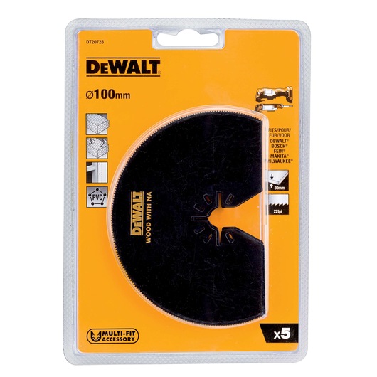 DEWALT DT20728 100mm multi-fit accessory saw blade in yellow retail packaging.