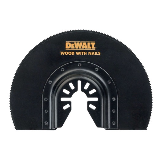 DEWALT oscillating tool blade for cutting wood with nails, black, semicircular shape, model DT20729.