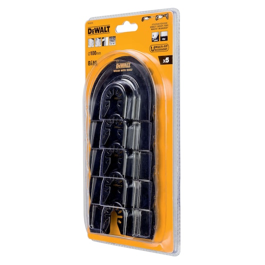 DEWALT DT20729 set of 5 saw blades for multi-tool, packaged in a clear plastic case with yellow backing.