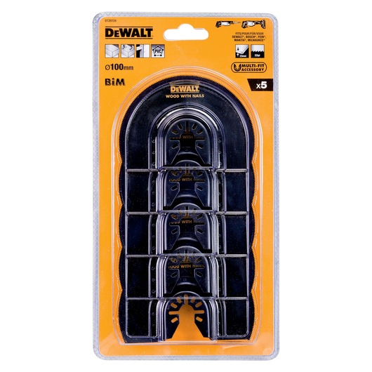 DEWALT DT20729 set of five black multi-fit blades for wood with nails in orange retail packaging.
