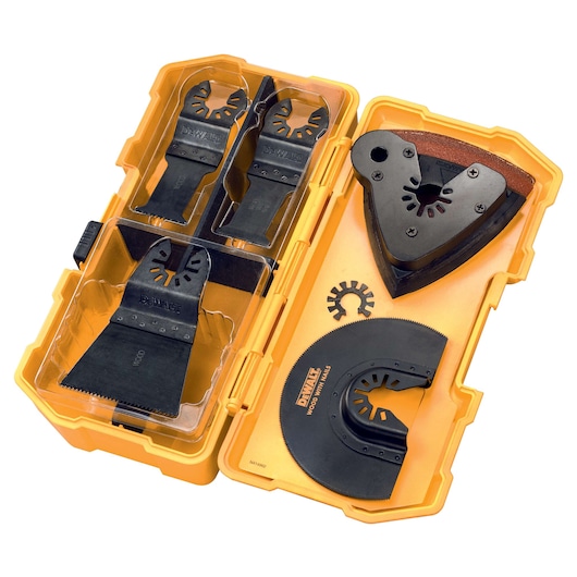 A yellow DEWALT branded case containing various black oscillating multi-tool accessories, including blades, sanding attachments, and adaptors, neatly arranged inside.