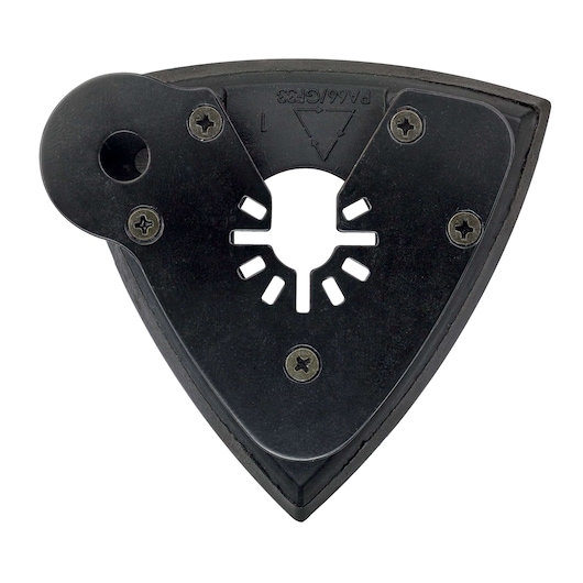 Black triangular DEWALT DT20731 sanding pad attachment with screws, used for oscillating tools.