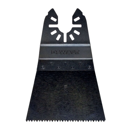 DEWALT oscillating multi-tool scraper blade, black, with saw teeth for removing materials.