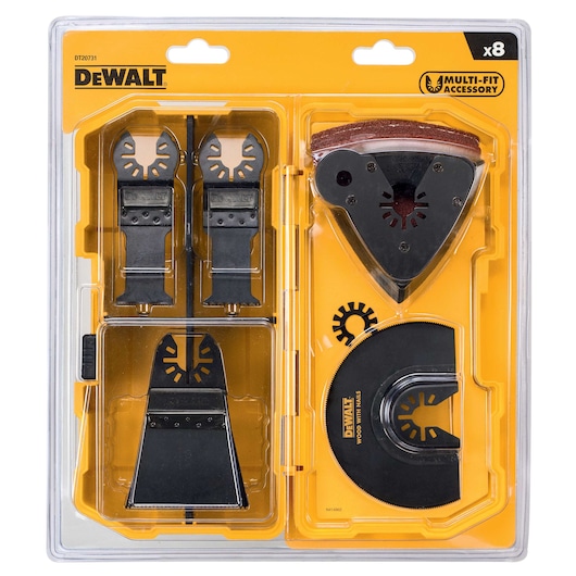 DEWALT DT20731 multi-fit accessory set with eight tool blades and attachments in plastic packaging.