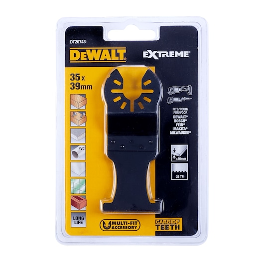 DEWALT DT20743 Extreme multi-fit accessory carbide blade in yellow and black packaging, for cutting various materials.