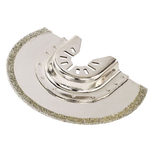 DEWALT semi-circular oscillating saw blade with a grit edge for cutting and grinding.
